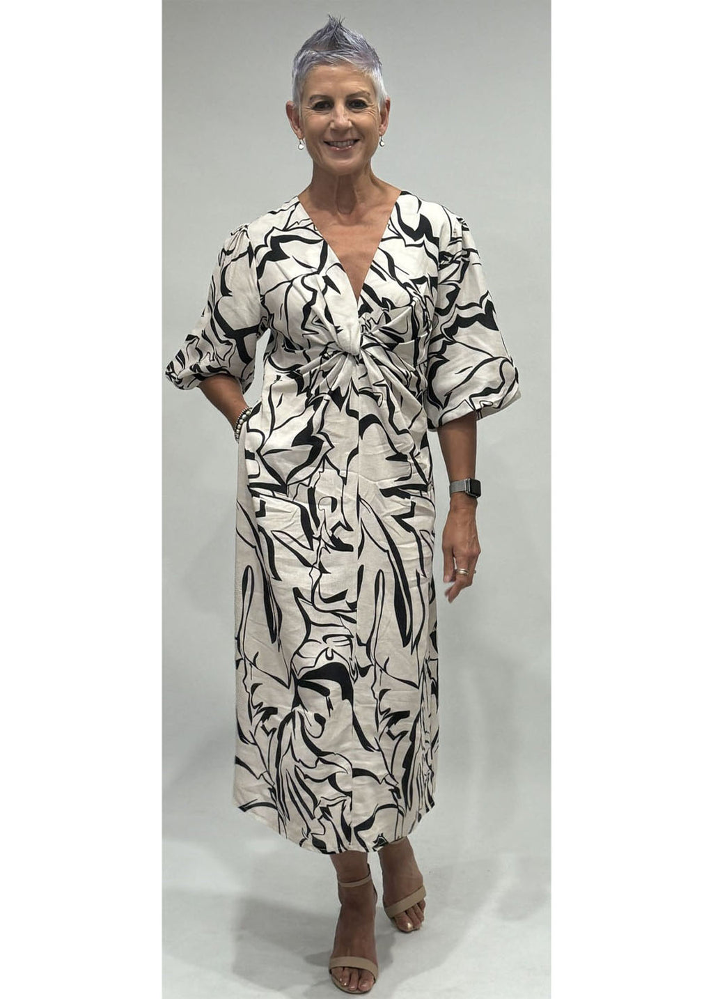 LA STRADA V NECK WITH KNOT DETAIL ABSTRACT PRINT DRESS