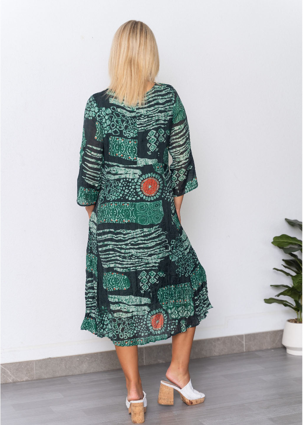 WILLOW TREE ABSTRACT PRINT ROLL UP SLEEVE DRESS