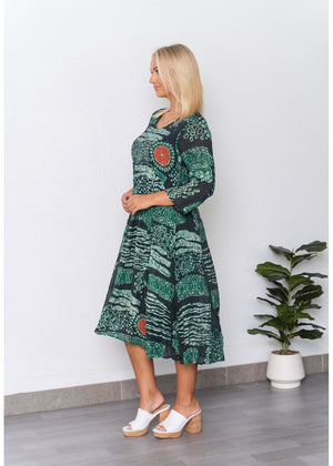 WILLOW TREE ABSTRACT PRINT ROLL UP SLEEVE DRESS