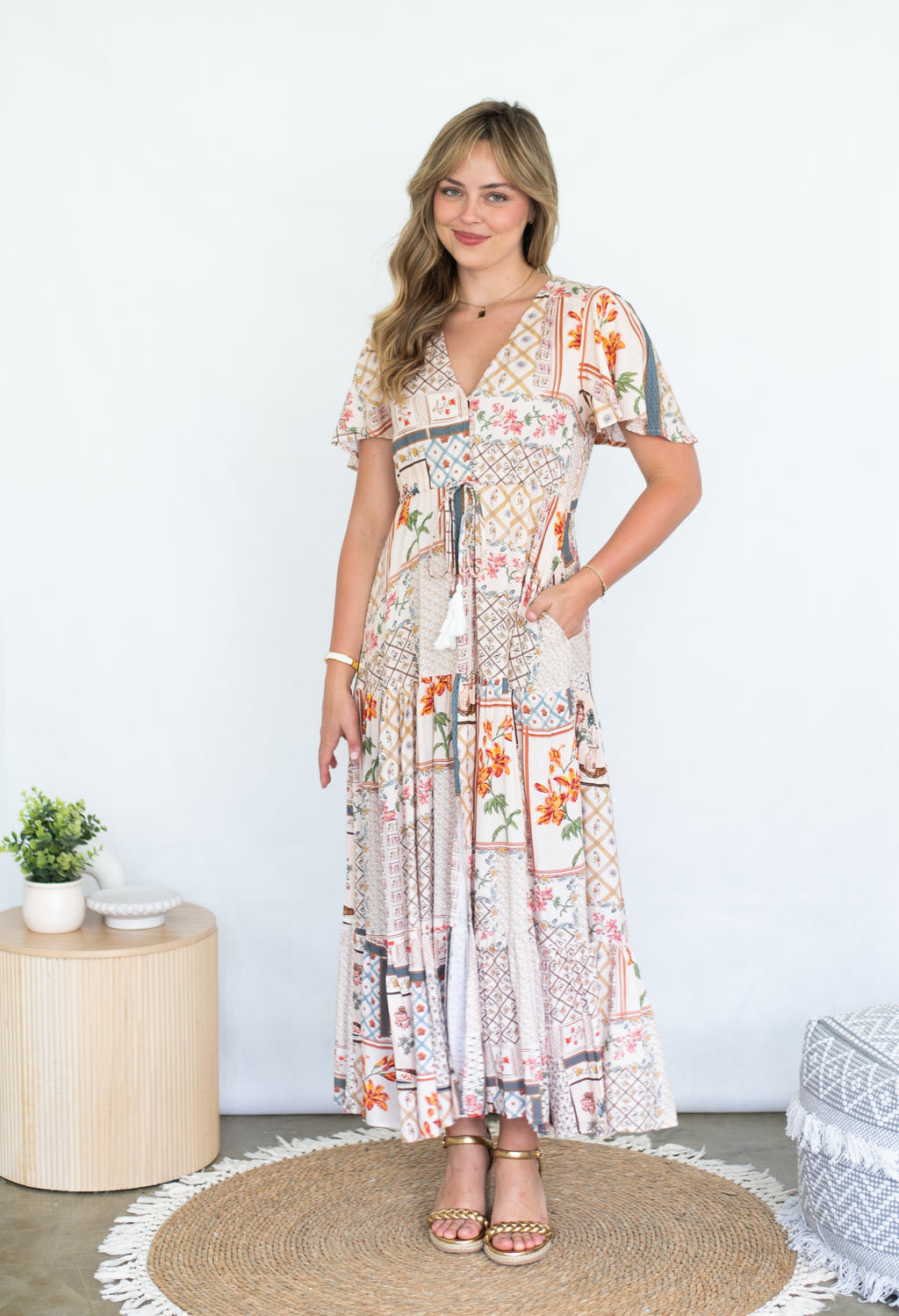 FRIA RETRO QUILT PRINT SELMA MAXI DRESS