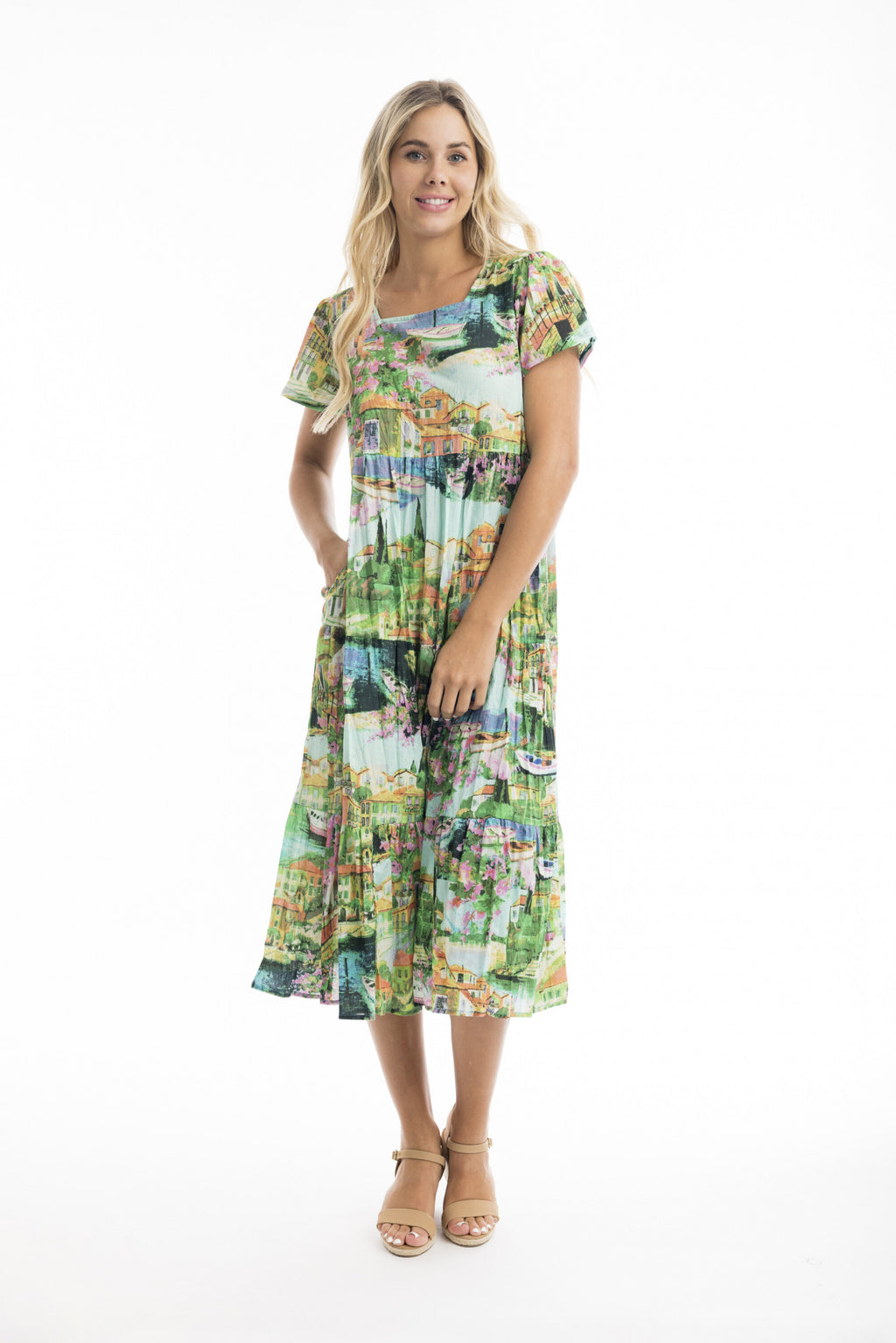 ORIENTIQUE BELLAGIO SQUARE NECKLINE MIDI DRESS