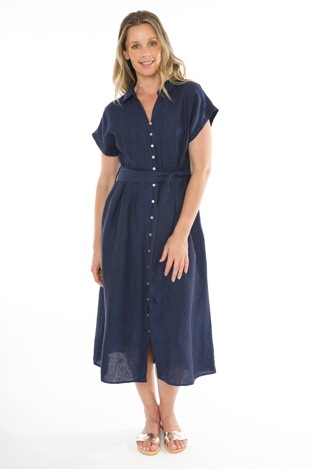 JUMP SHORT SLEEVE BELTED LINEN DRESS