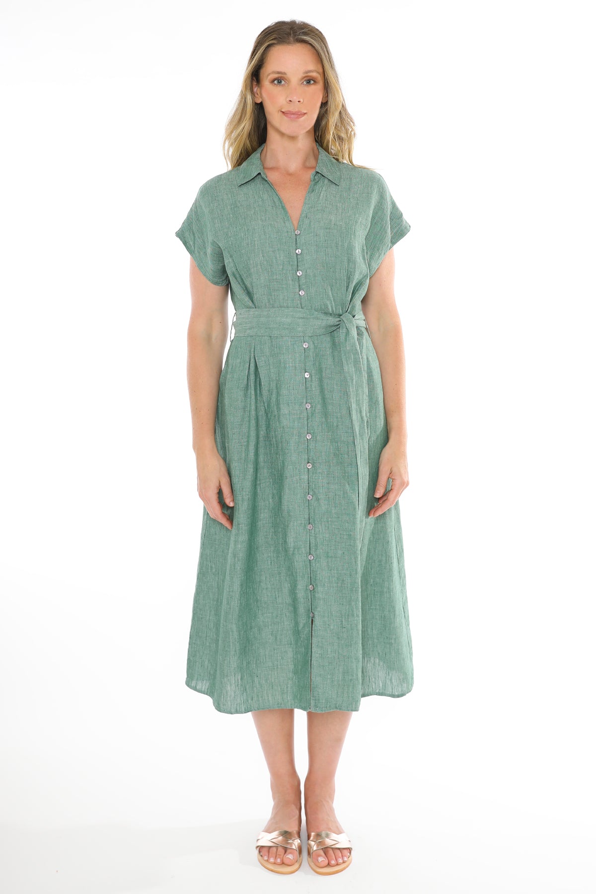 JUMP SHORT SLEEVE BELTED LINEN DRESS