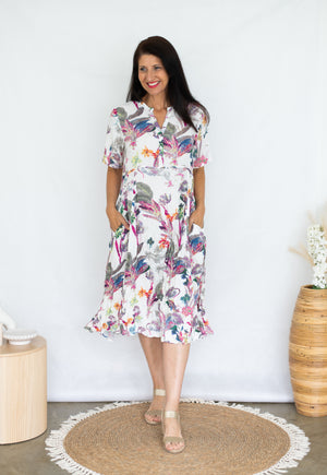 JOLIE SAULE FLORAL PRINT PANELED SLOT NECK DRESS