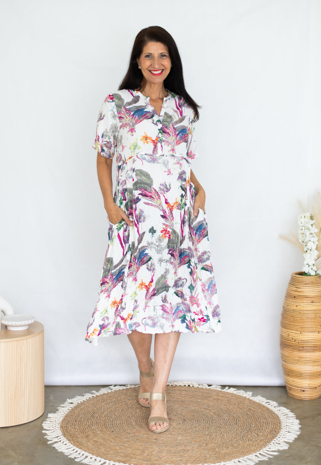 JOLIE SAULE FLORAL PRINT PANELED SLOT NECK DRESS