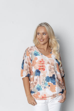 WILLOW TREE LEAVES PRINT V NECK TOP