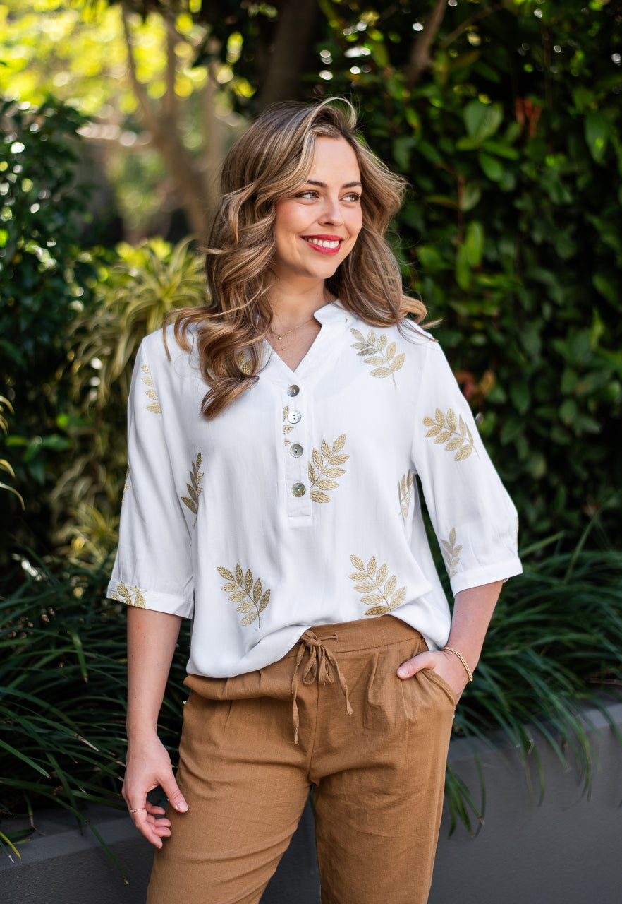 JOLIE SAULE GOLDEN LEAVES EMBROIDERED BLOUSE