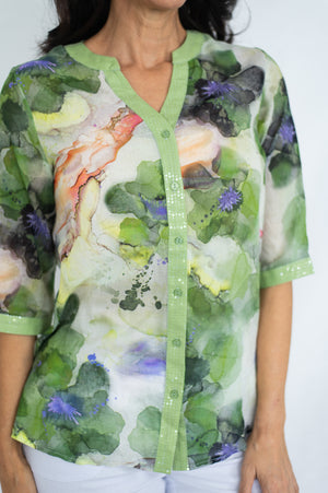 JOLIE SAULE ABSTRACT PRINT SLOT NECK SEQUIN SHIRT