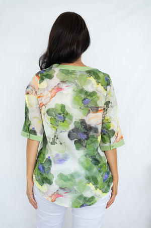 JOLIE SAULE ABSTRACT PRINT SLOT NECK SEQUIN SHIRT