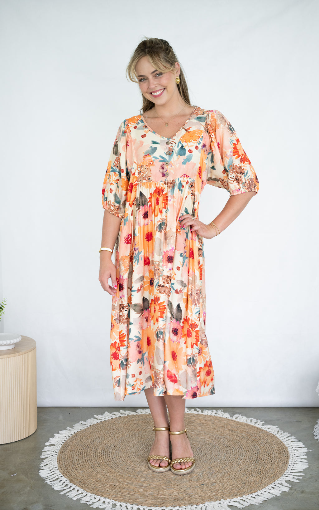 WILLOW TREE FLORAL PRINT V NECK PEASANT DRESS