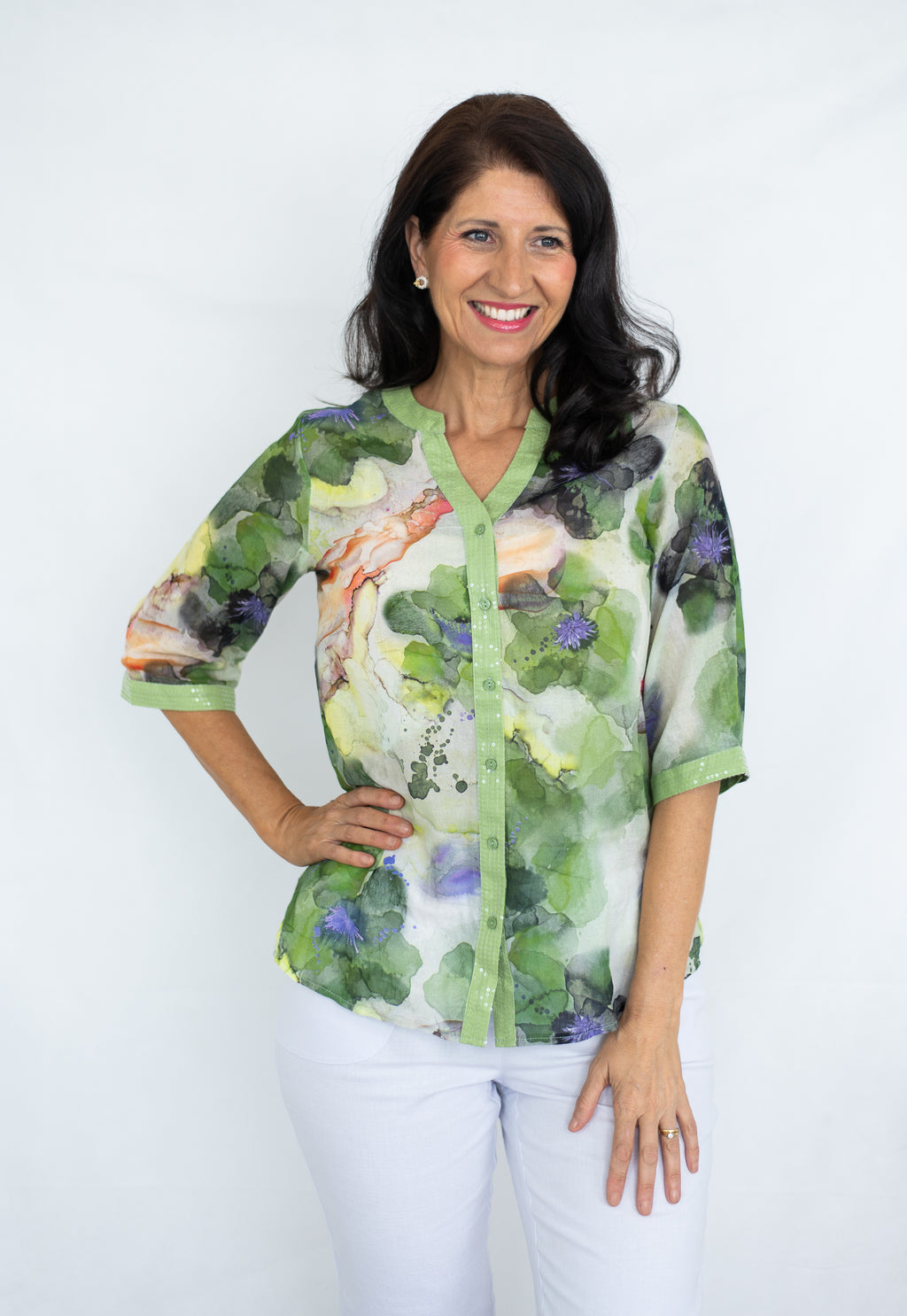 JOLIE SAULE ABSTRACT PRINT SLOT NECK SEQUIN SHIRT