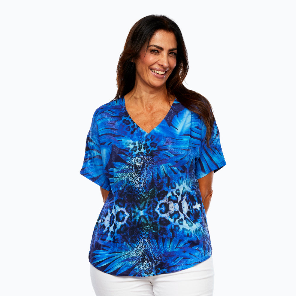 CLAIRE POWELL BLUE PALM SHORT SLEEVE TOP