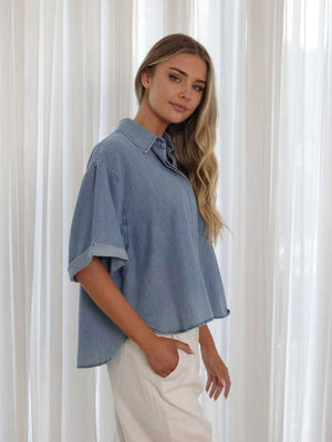 FRIA COTTON CURVED HEM DENIM SHIRTS