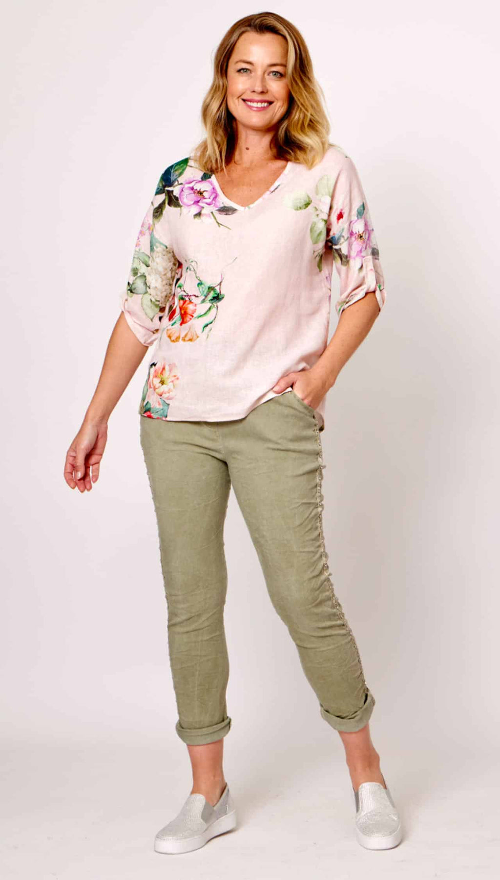 LA STRADA PINK/RED FLORAL V-NECK TOP