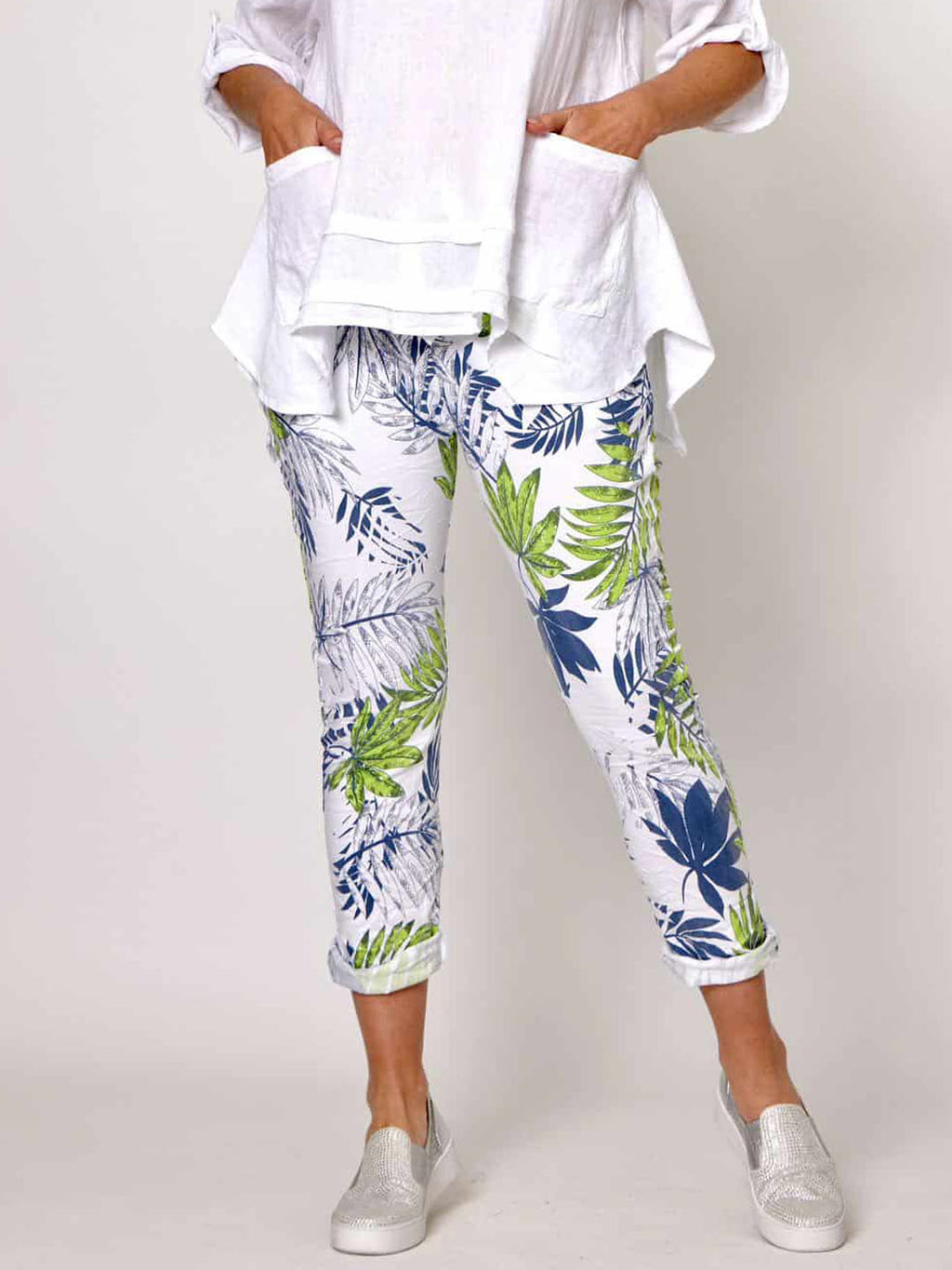 LA STRADA GREEN FERN LEAVE PRINT PANTS