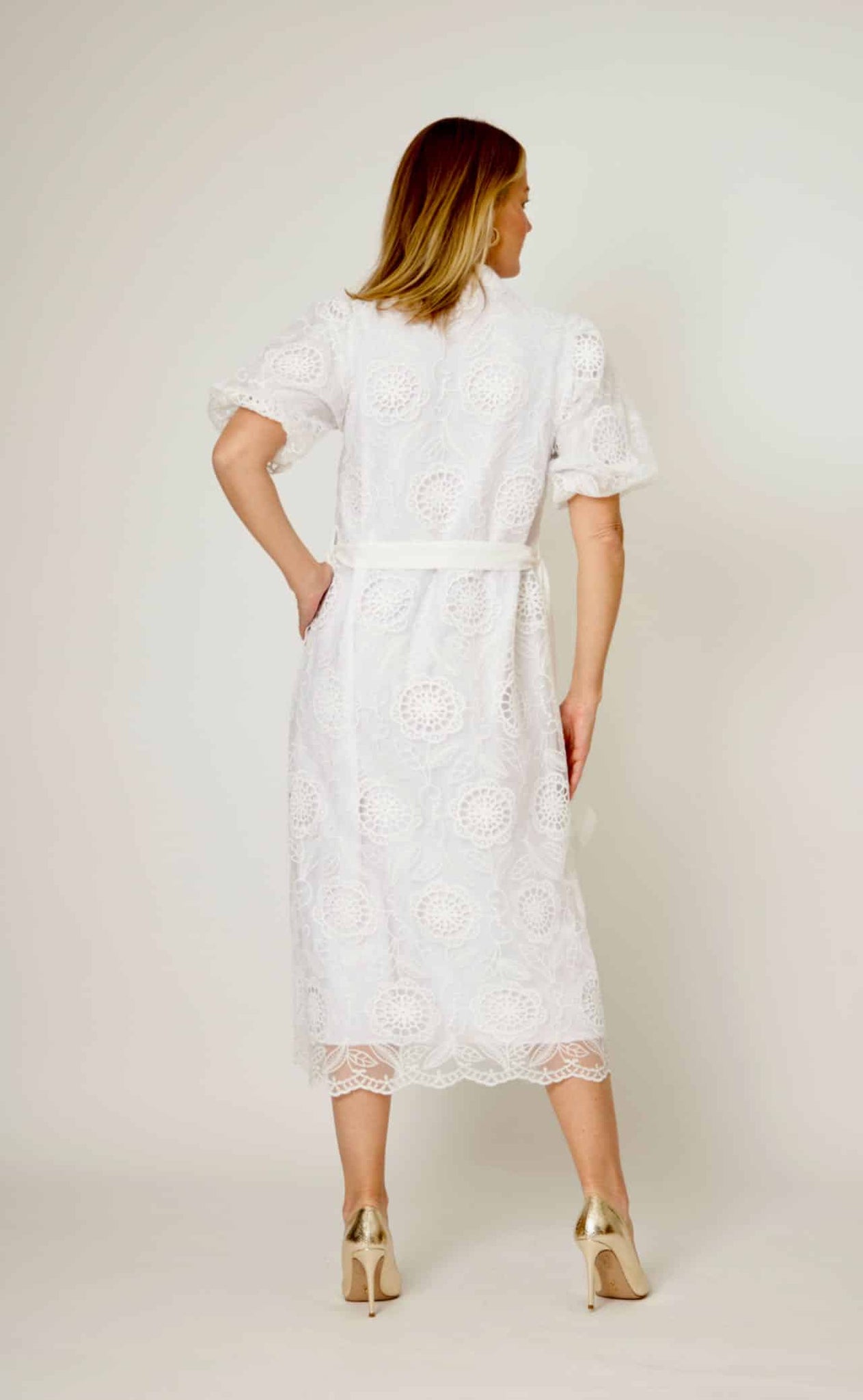 L'AMORE EMBROIDERED LACE BELTED SHIRT DRESS