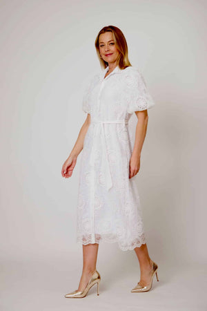 L'AMORE EMBROIDERED LACE BELTED SHIRT DRESS