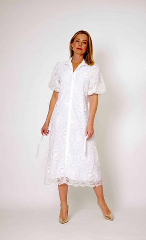 L'AMORE EMBROIDERED LACE BELTED SHIRT DRESS