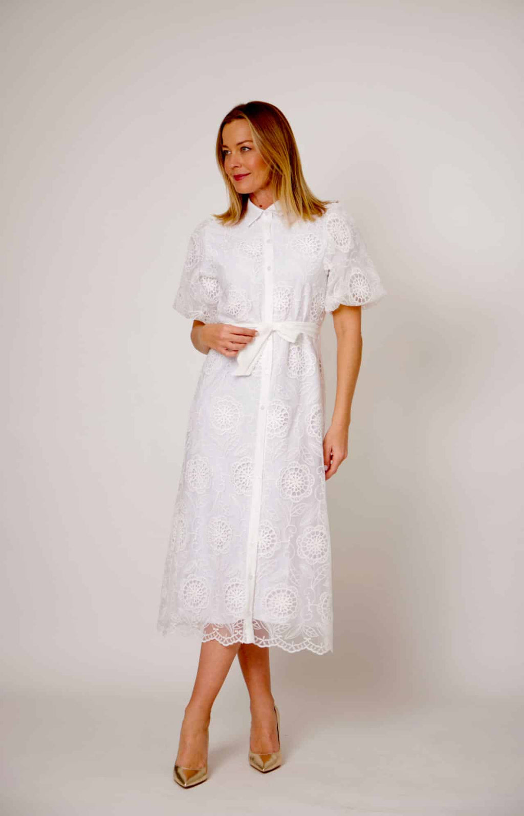 L'AMORE EMBROIDERED LACE BELTED SHIRT DRESS