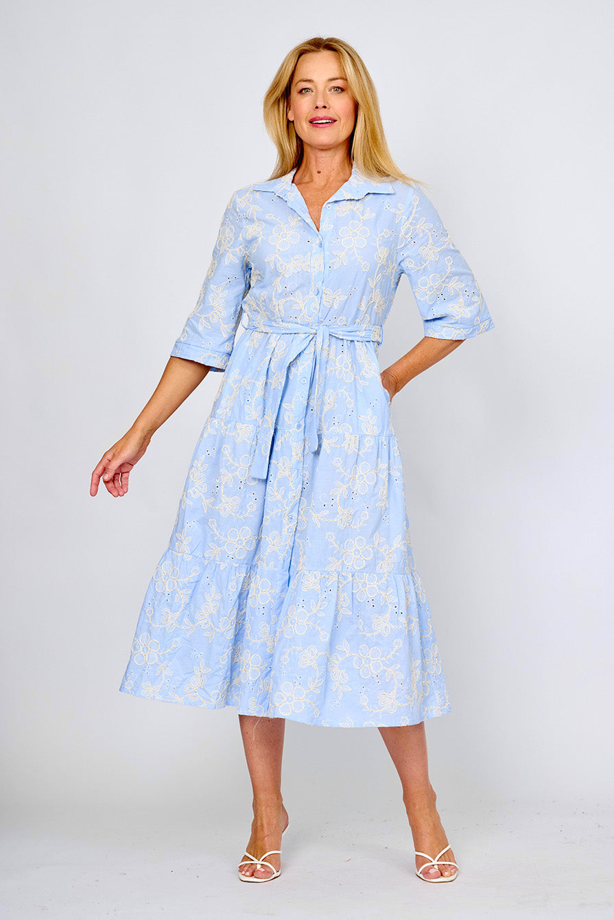 LA STRADA EMBROIDERED THREE TIERS BELTED SHIRT DRESS