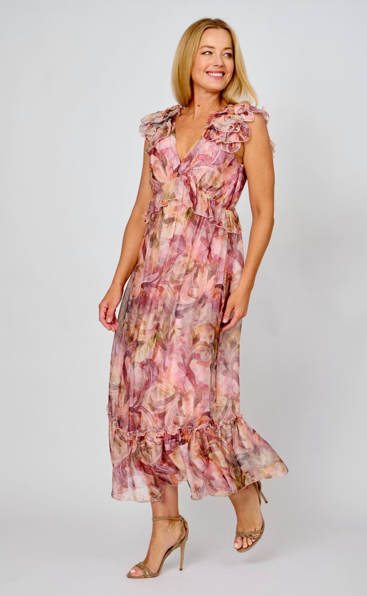 LA STRADA V-NECK FRILL SHOULDER SLEEVELESS DRESS