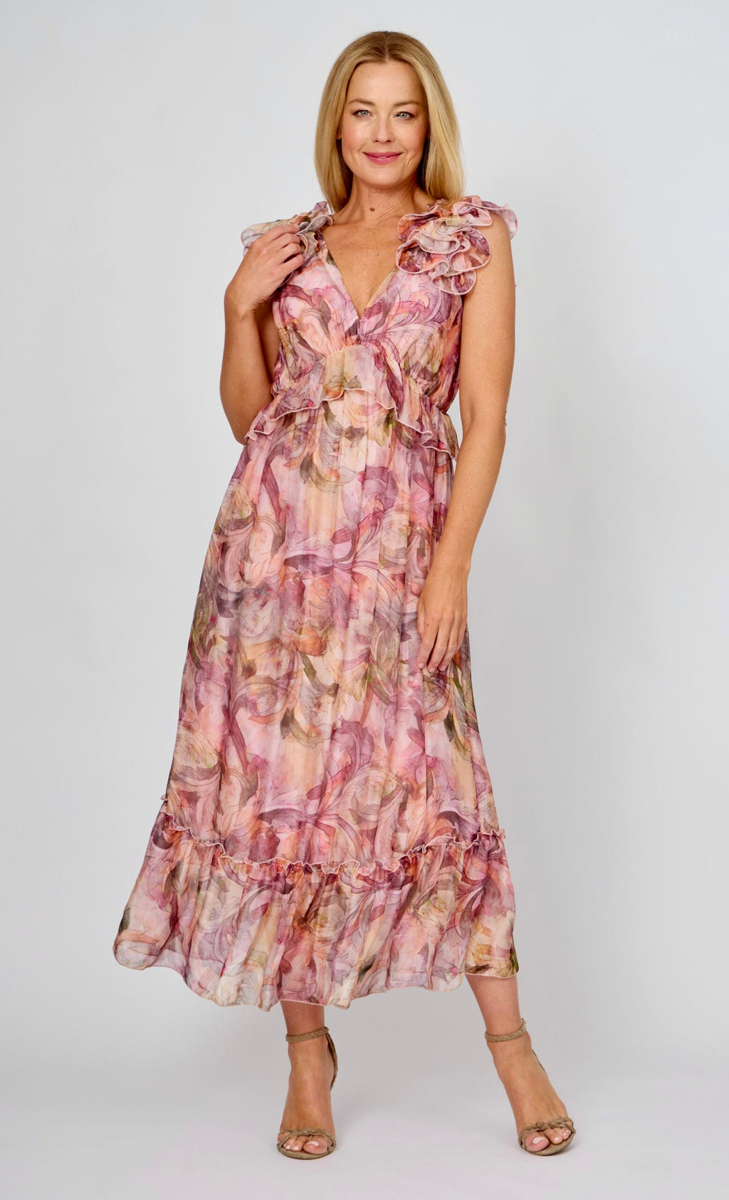LA STRADA V-NECK FRILL SHOULDER SLEEVELESS DRESS