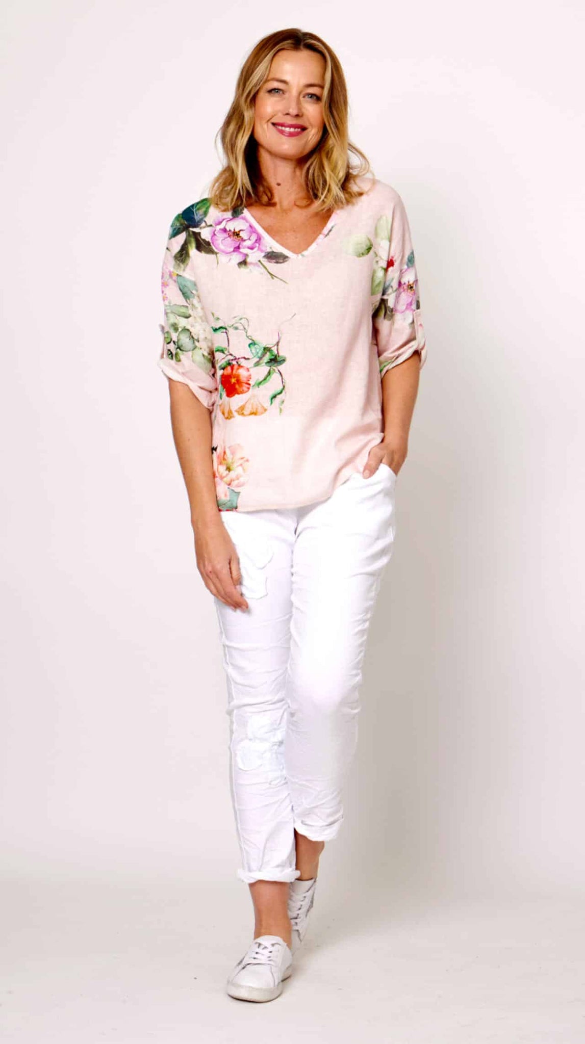 LA STRADA PINK/RED FLORAL V-NECK TOP