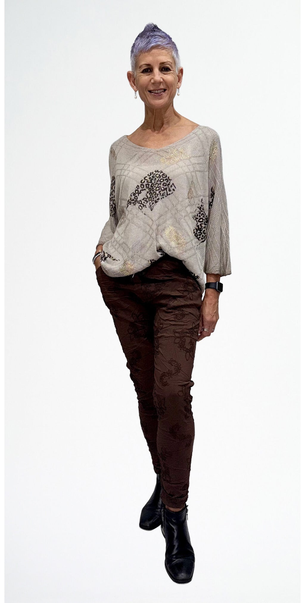 LA STRADA MESH KNIT WITH BLACK GOLD ANIMAL PATTERN TOP