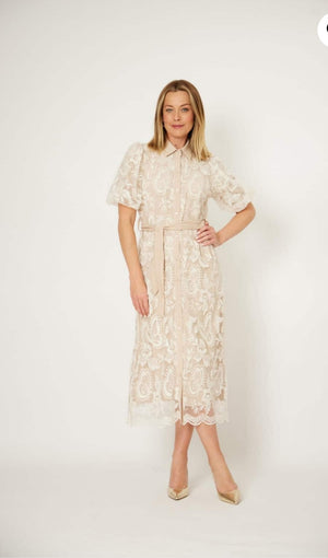 L'AMORE EMBROIDERED BELTED SHIRT DRESS