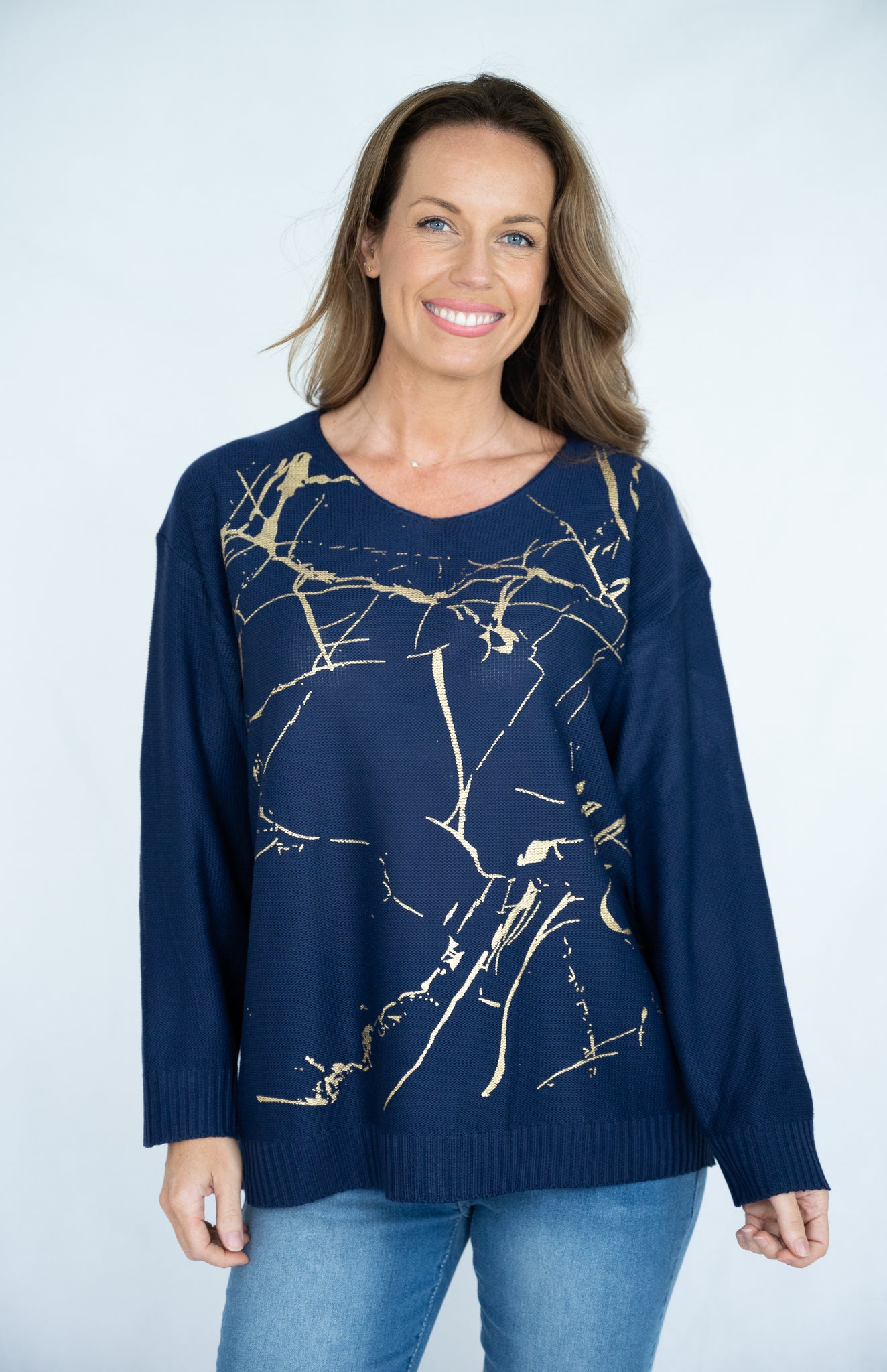 JOLIE SAULE GOLDEN PRINT V-NECK KNIT JUMPER