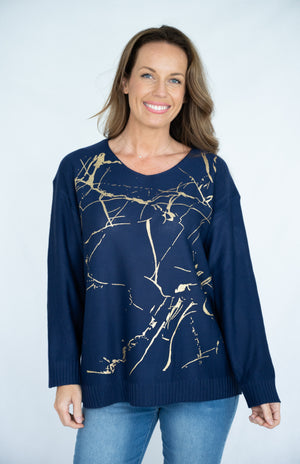 JOLIE SAULE GOLDEN PRINT V-NECK KNIT JUMPER