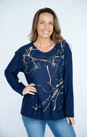 JOLIE SAULE GOLDEN PRINT V-NECK KNIT JUMPER