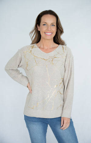 JOLIE SAULE GOLDEN PRINT V-NECK KNIT JUMPER
