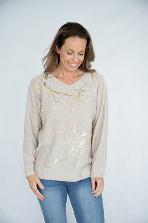 JOLIE SAULE GOLDEN PRINT V-NECK KNIT JUMPER