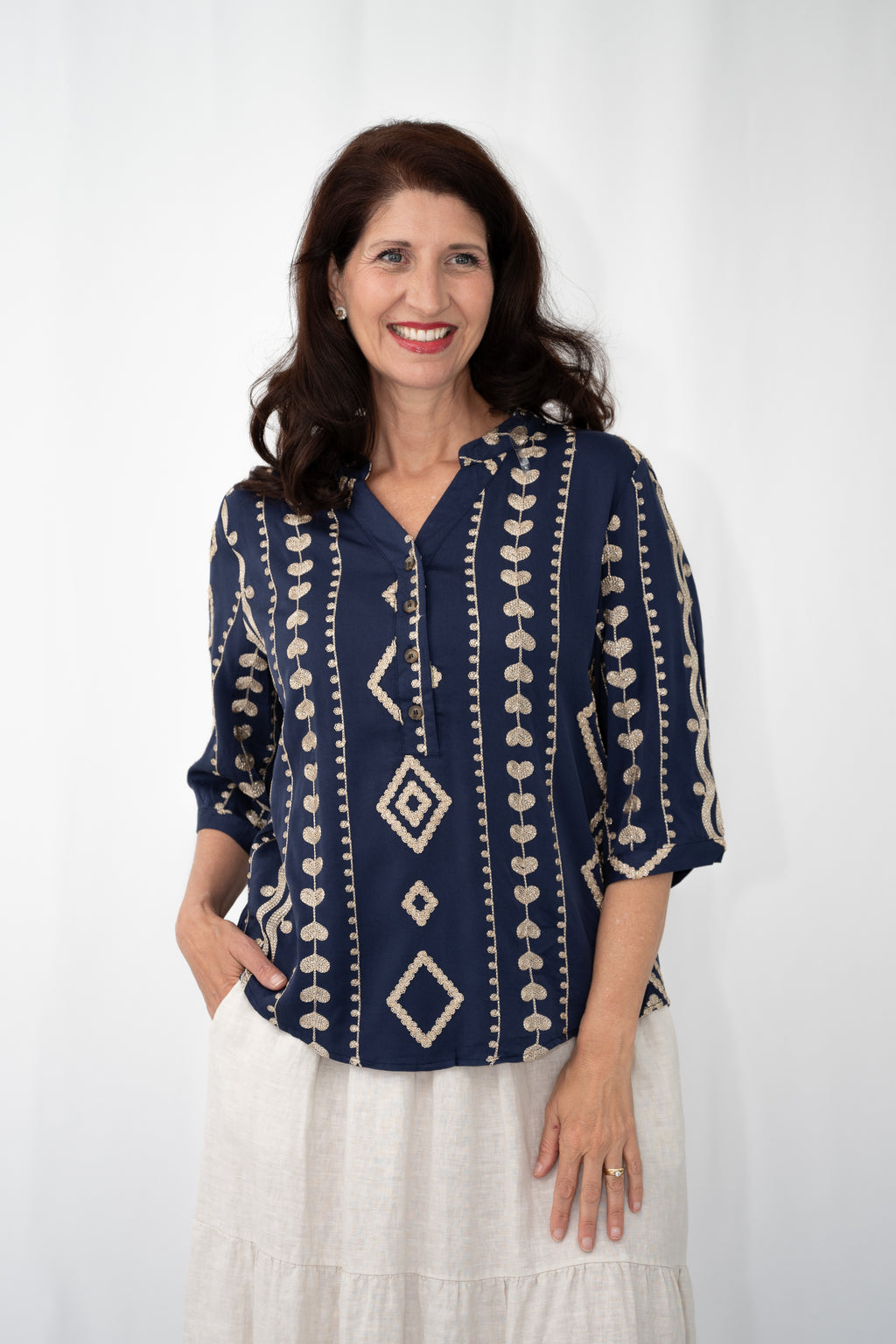 JOLIE GEOMETRIC EMBROIDERY BLOUSE