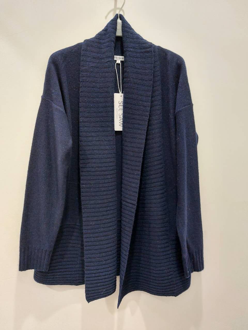 SEE SAW LUXE MERINO WOOL RIB SHAWL OPEN CARDIGAN