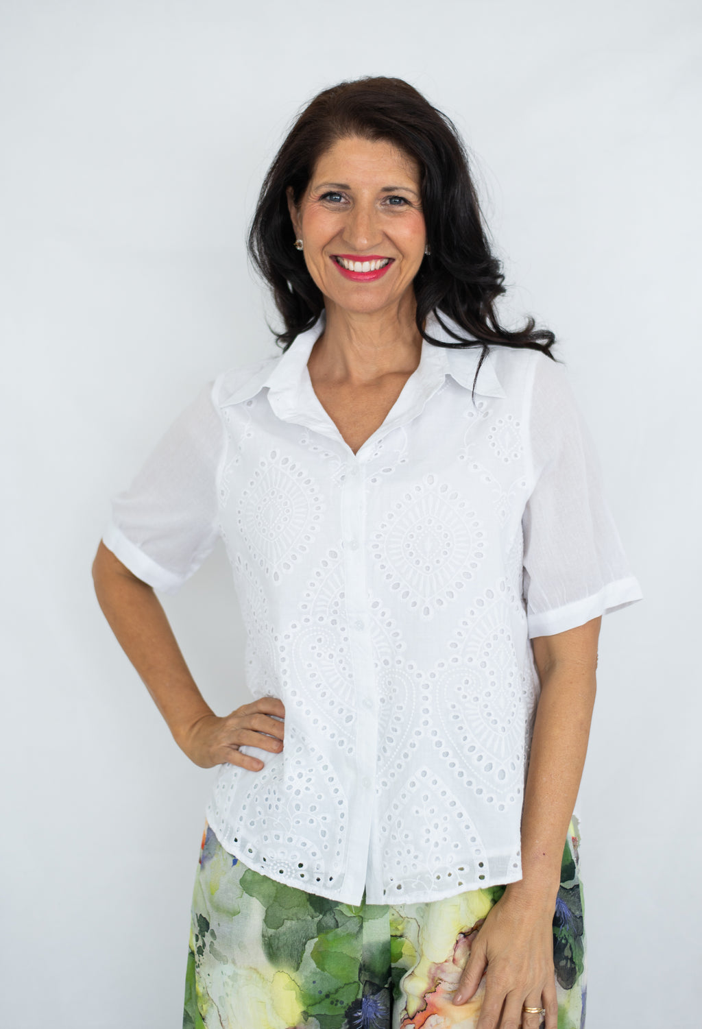 JOLIE SAULE COTTON EYELET EMBROIDERED SHORT SLEEVE SHIRT