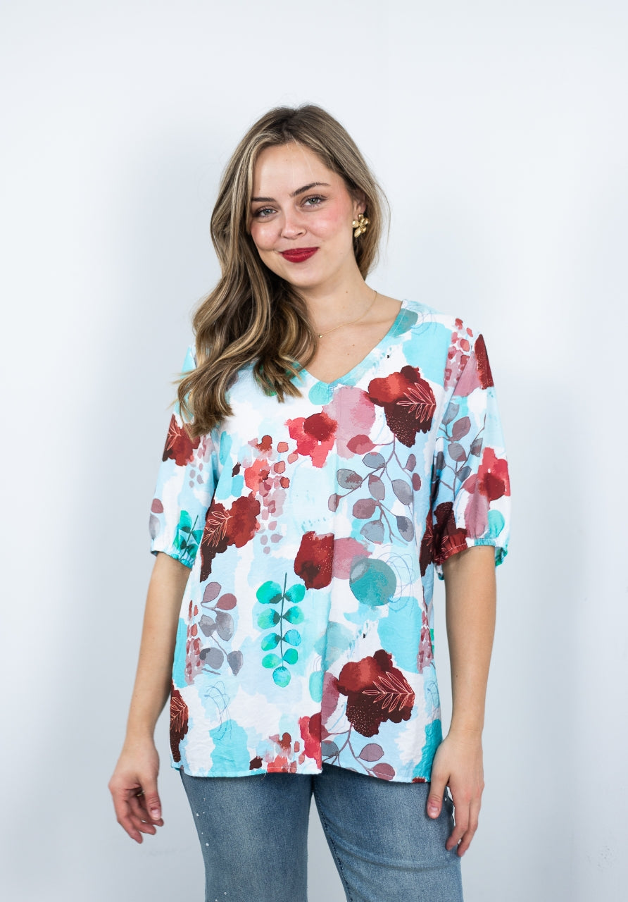 WILLOW TREE LEAVES PRINT V NECK TOP