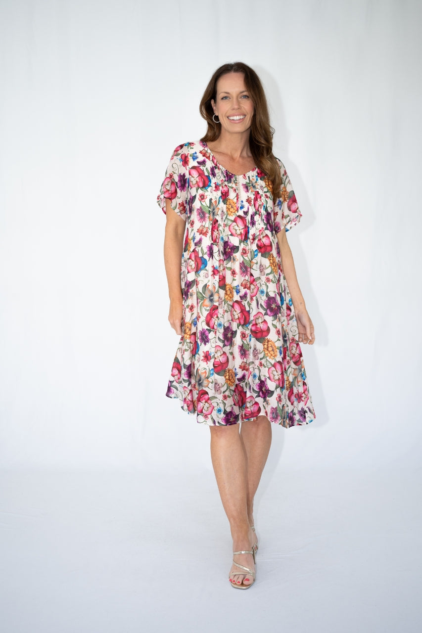JOLIE SAULE FLORAL PRINT FRONT PLEATS DRESS