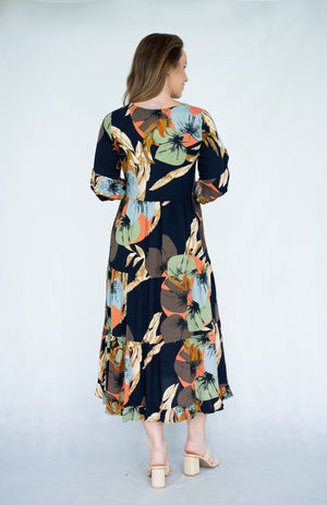 WILLOW TREE LEAVE PRINT 3Q PLEATED SLEEVE TIERED DRESS