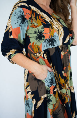 WILLOW TREE LEAVE PRINT 3Q PLEATED SLEEVE TIERED DRESS