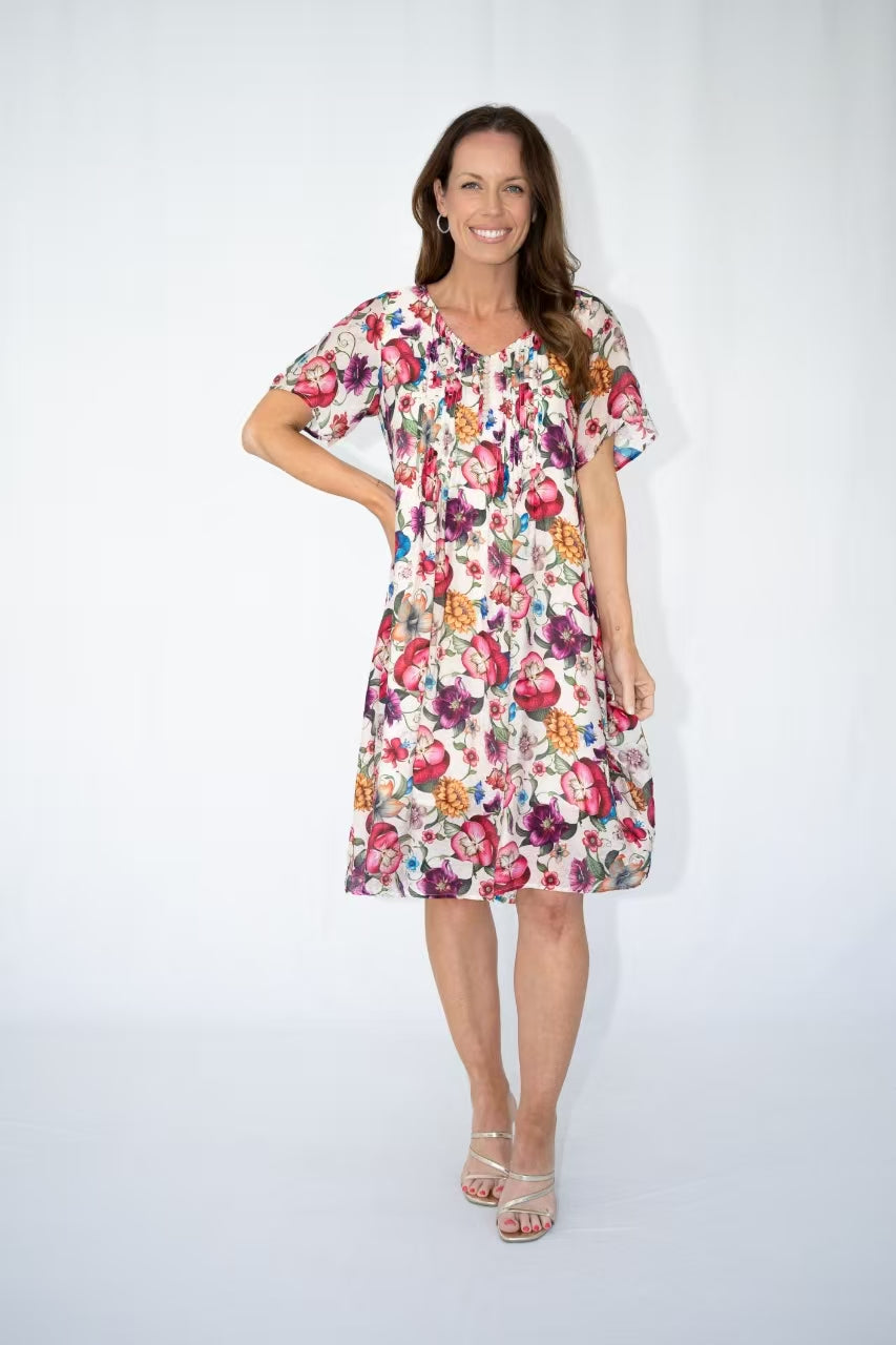 JOLIE SAULE FLORAL PRINT FRONT PLEATS DRESS