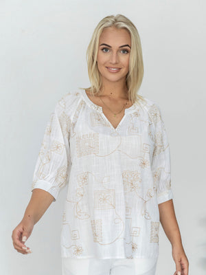 WILLOW TREE EMBROIDERED COTTON V NECK TOP