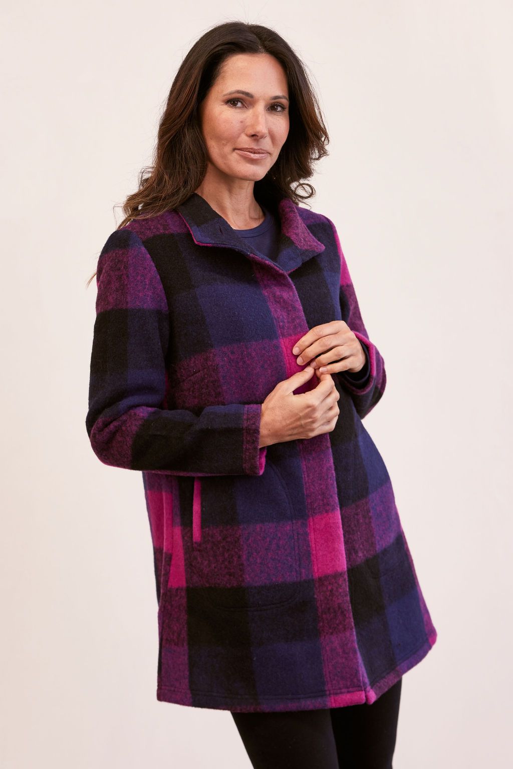 SEE SAW WOOL BLEND PLAID FUNNEL NECK COAT