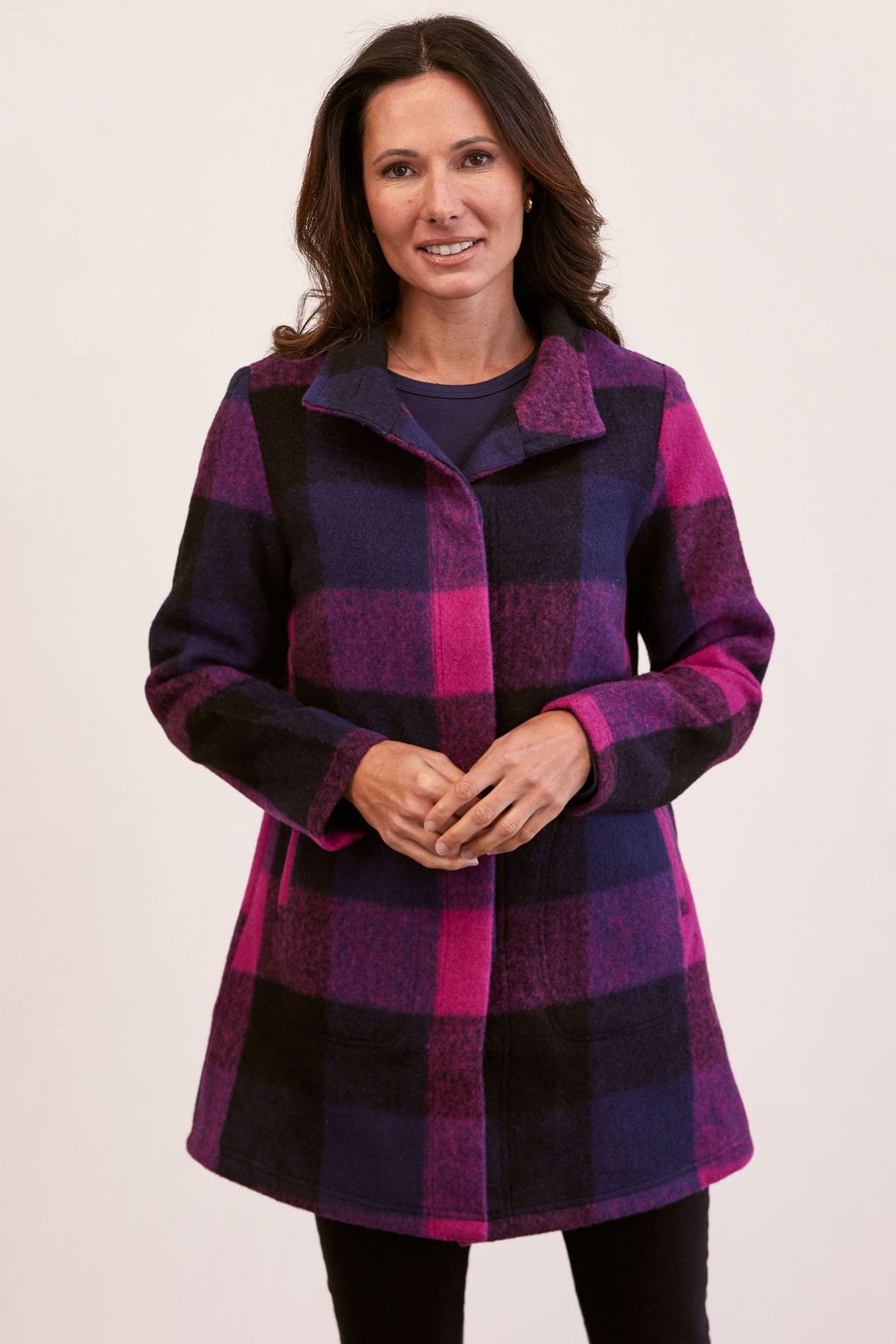 SEE SAW WOOL BLEND PLAID FUNNEL NECK COAT