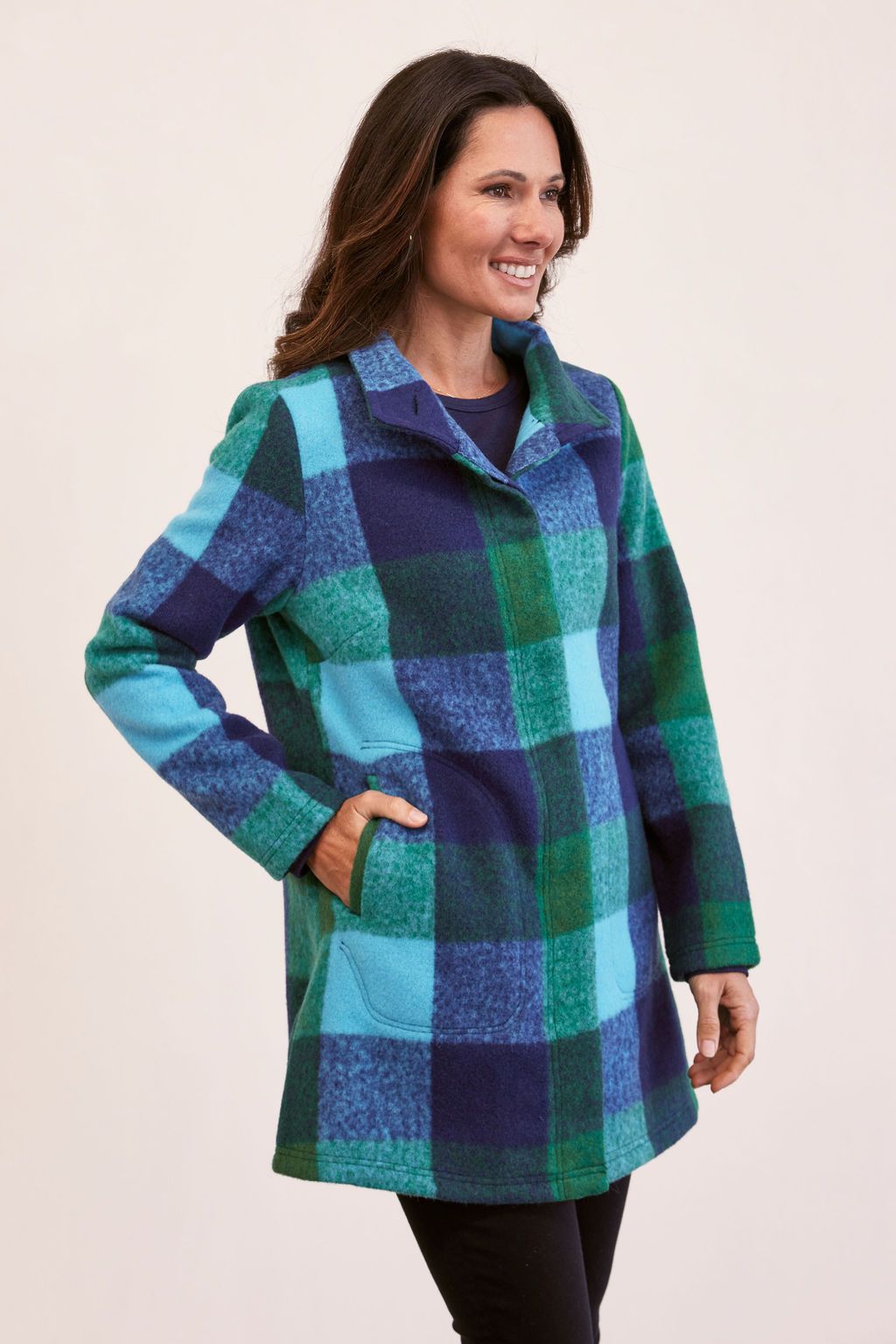 SEE SAW WOOL BLEND PLAID FUNNEL NECK COAT
