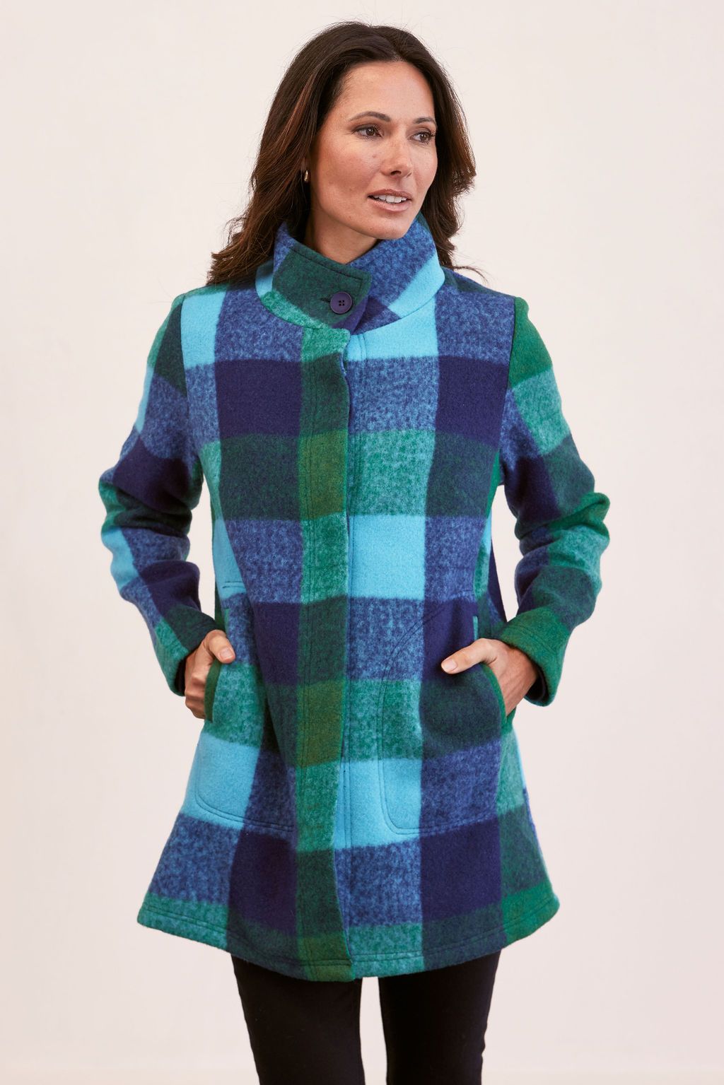 SEE SAW WOOL BLEND PLAID FUNNEL NECK COAT