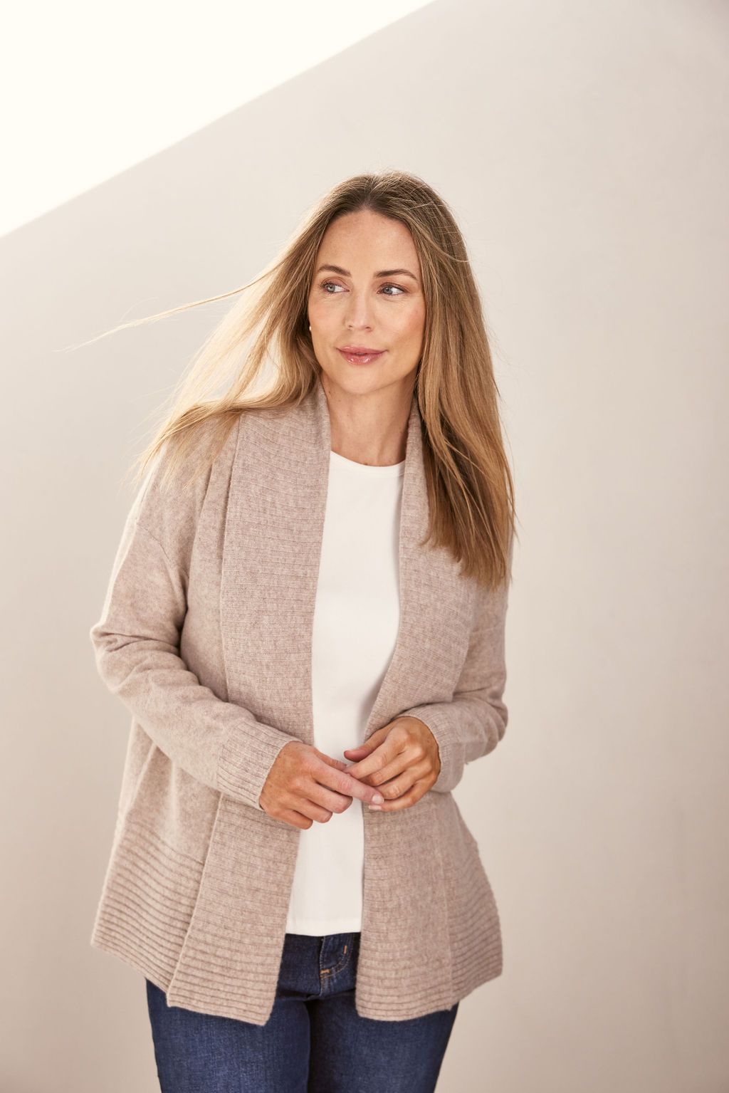 SEE SAW LUXE MERINO WOOL RIB SHAWL OPEN CARDIGAN