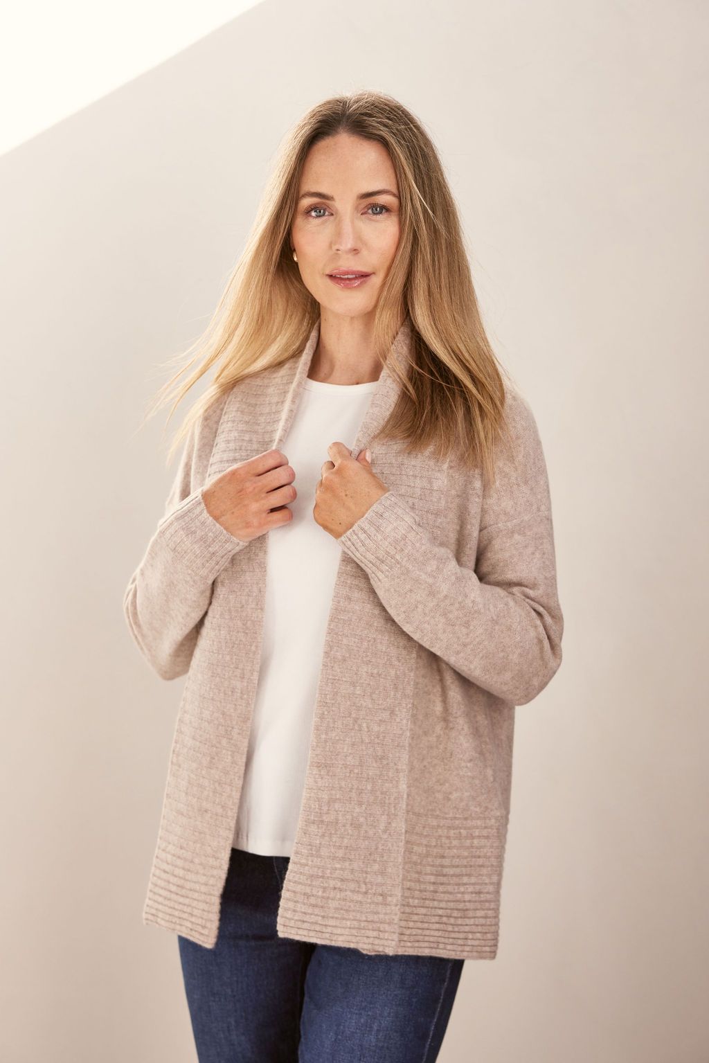 SEE SAW LUXE MERINO WOOL RIB SHAWL OPEN CARDIGAN