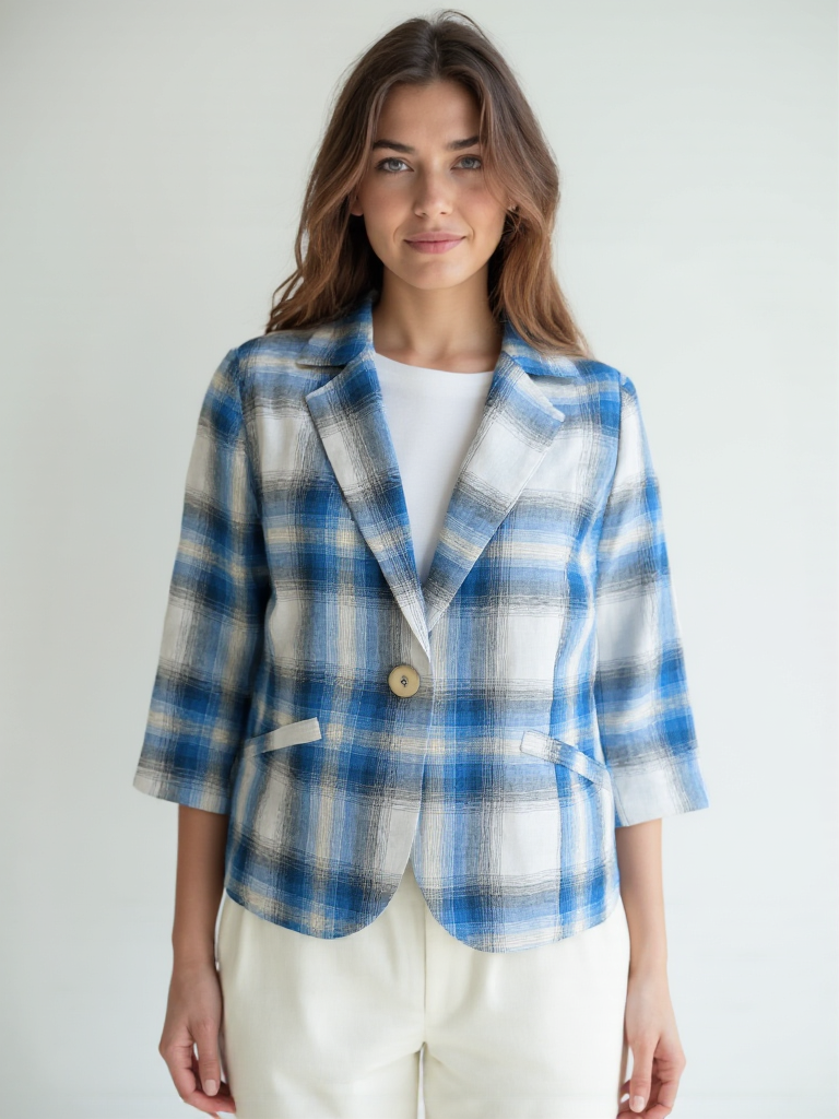 TARIA LINEN CHECKERED SHAPE BLAZE – TariaFashion